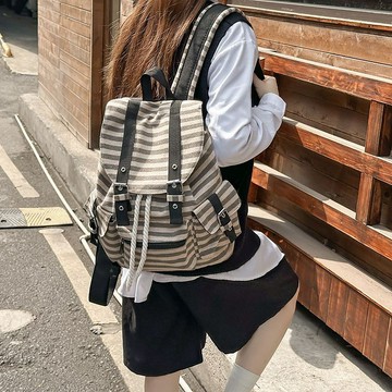 【限時下殺價】嚴選黑白條紋2025新款韓國機能復古格紋雙肩包書包大容量日系揹包口袋創新
