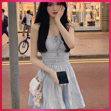 『ATC』大碼連身裙小個子法式吊帶藍色夏季甜美海邊褶皺新款收腰短裙吊帶裙