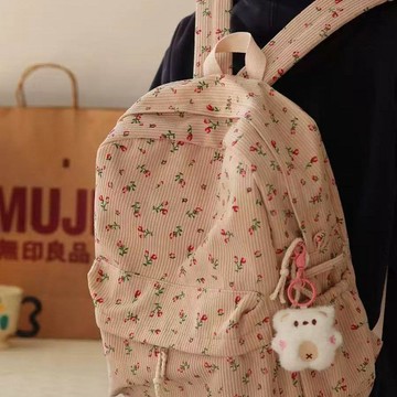 熱賣💡日系ins小花書包女生初中高中學生燈芯絨設計感小衆百搭雙肩包女单肩包 背包  雙肩包 斜挎包 書包包 通勤
