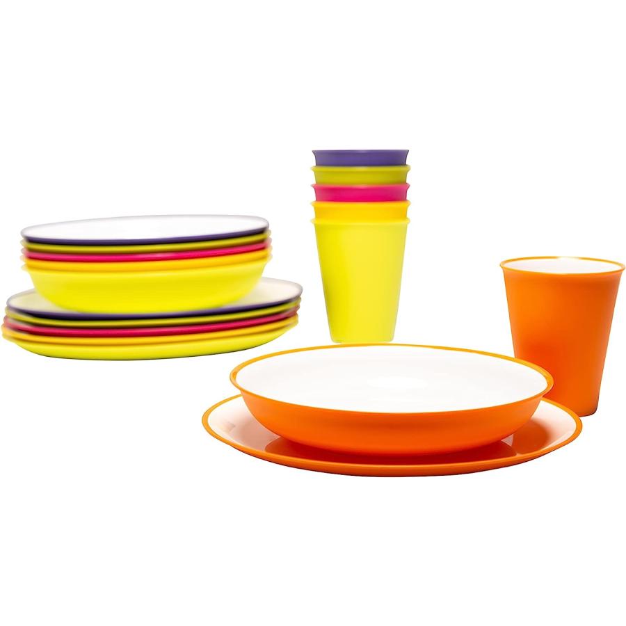 Omada 18-Pc Kids Dinnerware Set: Durable Plastic Dishes For Children Picnics Camping   Colorful Plates Bowls Cups   Microwave Dishwasher Safe Kids