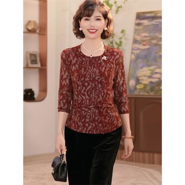 2025秋季媽媽裝圓領收腰長袖上衣女中年洋氣顯瘦氣質打底小衫套裝