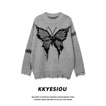 KKyesiou美式潮牌蝴蝶慵懶風情侶毛衣男女學院風百搭痞帥針織線衫