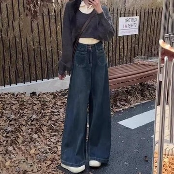 美式復古垂感直筒牛仔褲女 春夏胖MM高腰寬松遮肉闊腿長褲 高腰牛仔褲女 寬鬆顯瘦 闊腿褲 牛仔長褲 梨形身材 高腰長褲