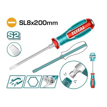 『油工廠』TOTAL 雙色 膠柄 螺絲起子 SL8*200mm 手工具 防滑 強磁吸 敲擊一字起 一字