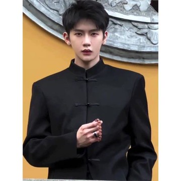 新中式男裝中西裝男高級感春秋立領墊肩外套中山裝唐裝休閑服套裝