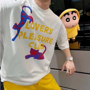 潮牌2025夏季新款豹子印花字母百搭寬松顯瘦純棉短袖T恤男士潮流