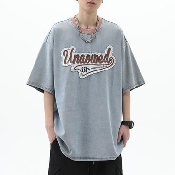 潮牌vintage美式復古字母貼布寬松牛仔短袖T恤男夏季學院風半截袖