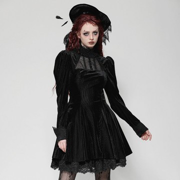 透視網紗高領反摺公主長袖蕾絲邊絨布洋裝DARK IN LOVE台灣DW1006