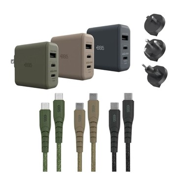 【加碼送萬國轉接頭】65W PD 3孔快充充電器 + Type-C 100W PD 編織快充充電線組合 (3色可選) 軍綠組合