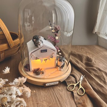 【客製全身寵物】月落屋 主子家 小屋夜燈擴香 居家擺飾 大玻璃罩