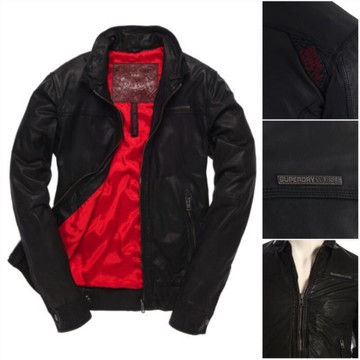 跩狗嚴選 極度乾燥 Superdry Muirs 騎士 薄款 四季可穿 黑紅撞色 絕版 紅內襯 合身 真皮 皮衣 外套 黑 夾克 襯衫領 翻領
