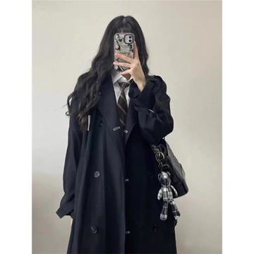 黑色風衣外套女2025春秋季新款韓系英倫風小個子中長款大衣高級感