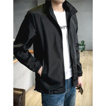純色立領夾克男士潮流雙層薄款衣服秋季休閑大碼寬松連帽褂子外套