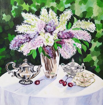 丁香油畫原創藝術春季靜物花瓶中的花朵