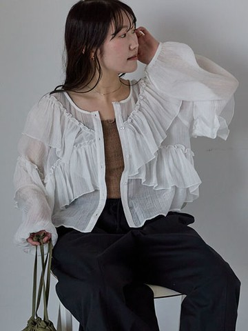 甜美感交叉荷葉邊透膚排釦襯衫(0F000710410) - ehka sopo