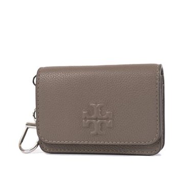 TORY BURCH THEA 浮雕LOGO荔枝紋釦式卡包/零錢包-可可色