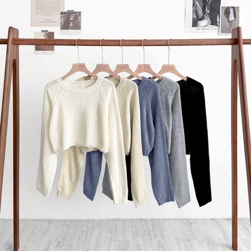 【Fee現貨5色新品】韓系落肩刷破針織長袖上衣🔥薄長袖上衣 長袖上衣女 毛衣女 毛衣上衣 挖洞上衣 短版長袖 薄針織長袖