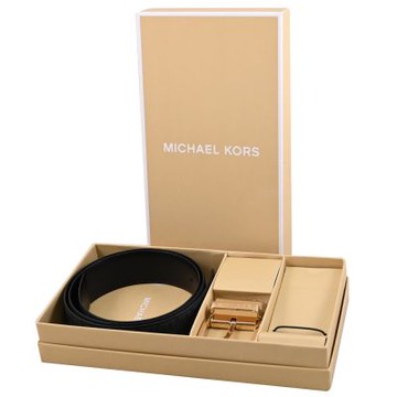 MICHAEL KORS 滿版字母LOGO印花雙面皮帶禮盒組(黑灰-全新福利品)