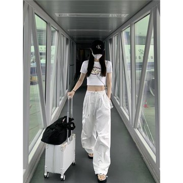 MULVAN復古美式闊腿工裝褲夏季新款寬松休閑直筒運動抽繩拖地長褲