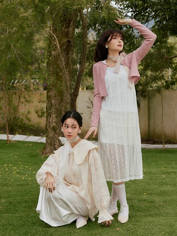 V領透膚蕾絲細肩外搭洋裝