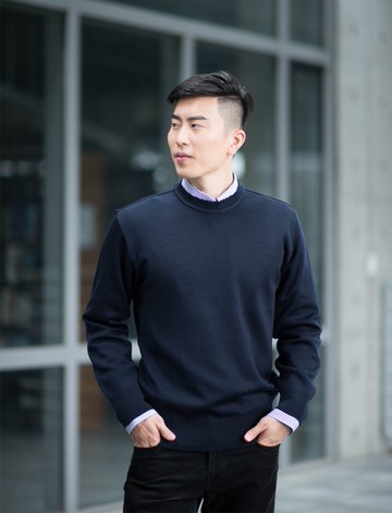 男士 針織毛衣 防縮 小圓領毛衣 純羊毛衣 三燕牌羊毛上衣 美麗諾羊毛 100%純羊毛 7977-1 圓領 丈青