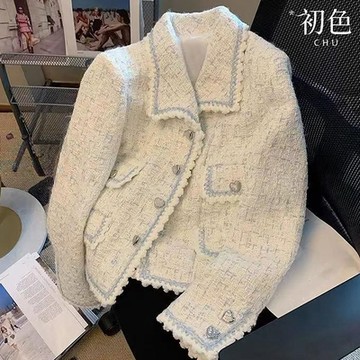 初色 法式淺藍滾邊小香風粗花毛呢翻領長袖短外套女外套-白色-38382(M-XL可選)