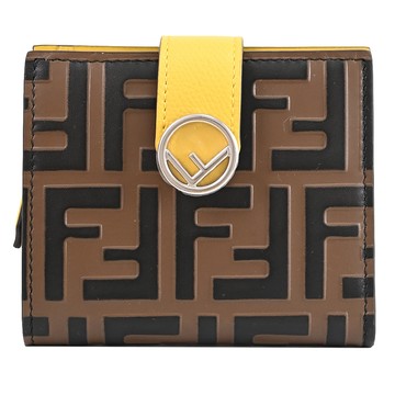 FENDI 8M0386 經典FF LOGO撞色扣式零錢短夾.深咖/黃