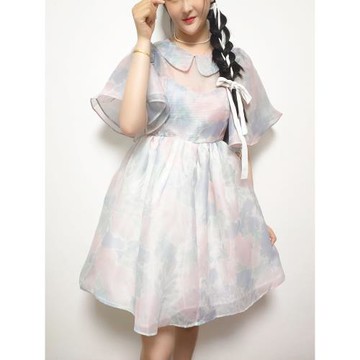 Selkie夢幻仙女白底斑斕印花娃娃領小飛袖歐根紗連衣裙公主蓬蓬裙