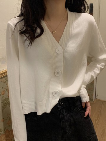 v領薄款白色短款長袖針織開衫女年新款春季寬松顯瘦打底上衣