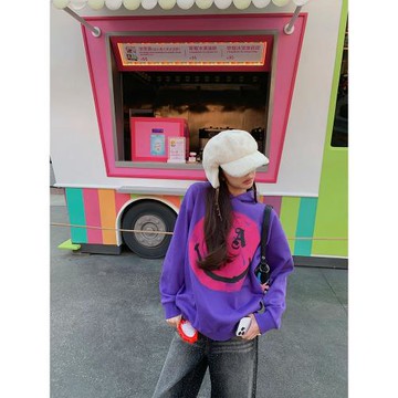 趙辰晨 撞色笑臉印花連帽衛衣女秋冬加絨洋氣寬松慵懶風套頭上衣