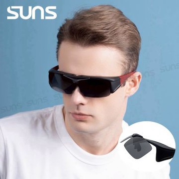 【SUNS】上翻式墨鏡 Polarized偏光墨鏡 紅框 運動太陽眼鏡 抗藍光+抗UV400/可套鏡/防眩光/遮陽