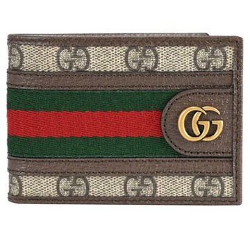 GUCCI 古馳  Ophidia GG 經典印花拼接織帶4卡對開窄版短夾(駝)