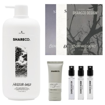 SHARECO 台灣公司貨 香氛潔淨日常組 灰燼 + 無瑕 + 能量小香水 + 菸草香沐浴膠 + 潔面乳體驗  1套