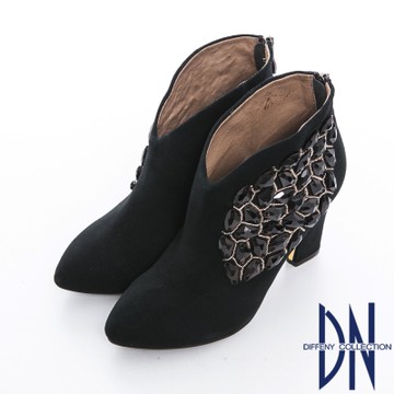 DN 晚宴派對 性感矚目鑲寶石粗跟裸靴 黑