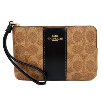 COACH 經典C LOGO手拿包/零錢包(直紋焦糖/黑)
