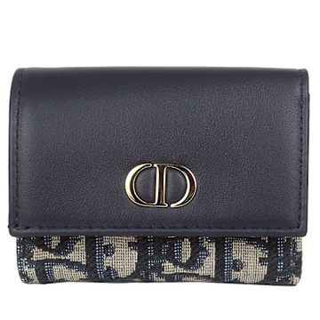 Dior MONTAIGNE 藍色緹花布皮革翻蓋短夾(5卡)