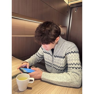 秋冬新款保暖氣質休閒百搭毛衣男復古費爾島提花小外套針織上衣男