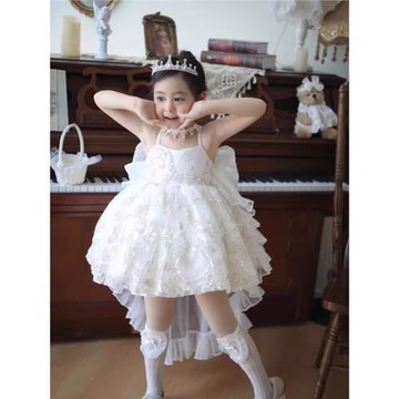 女童白色洛麗塔連衣裙花童鋼琴演奏 INS趙露思禮服八音盒繡片裙子