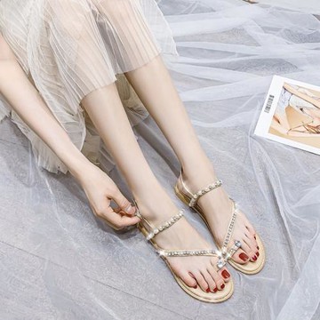 珍珠水鉆涼鞋女2024年夏季新款仙女風平底百搭ins潮網紅時裝羅馬