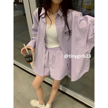 【太妮絲P333】現貨 高級慵懶~韓系 紫色 polo領 字母 印花 簡約長袖襯衫+鬆緊腰短褲