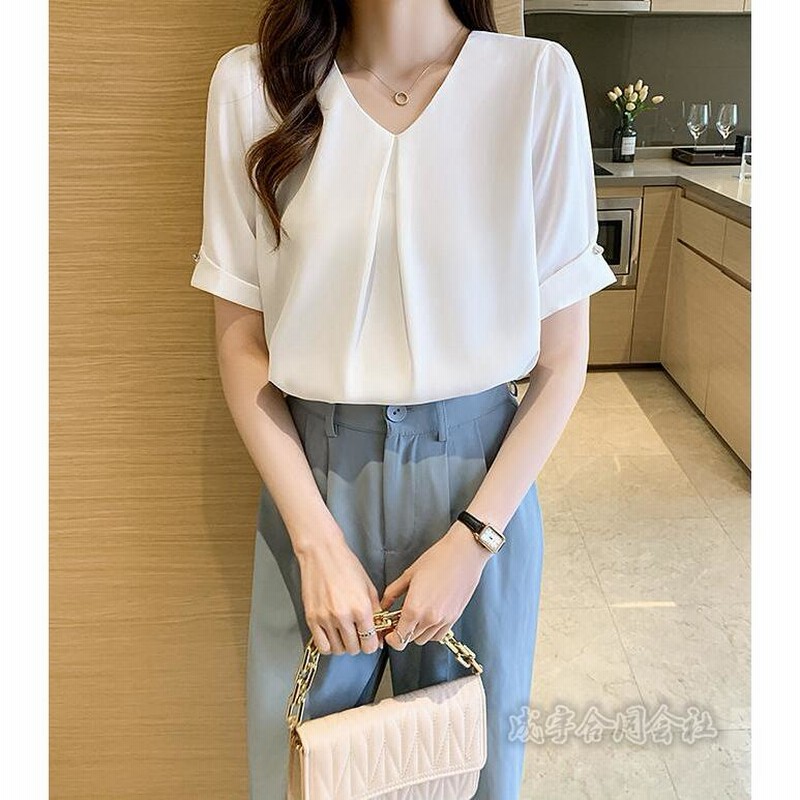 シフォンブラウス 半袖 Vネック プルオーバー レディース ス とろみシャツ 無地 きれいめ 大人 かわいい 20代30代  エレガント Vネック とろみシャツ レディース シャツ ブラウス 半袖