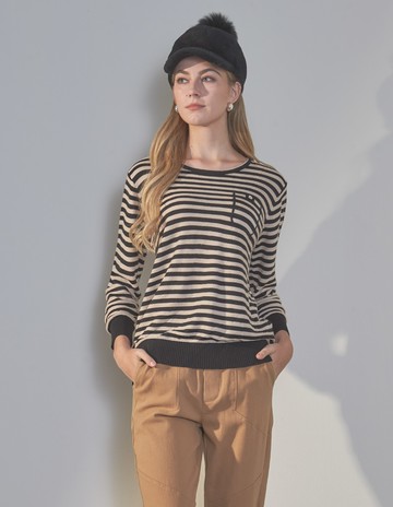 ★【喜芝梅】朝氣條紋假口袋舒適針織上衣(三色；F) 223400951