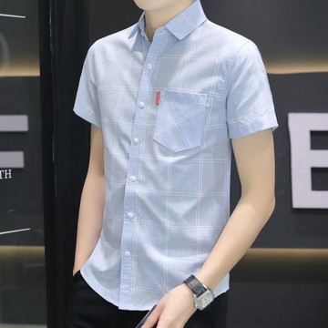 夏季純棉短袖襯衫男格子休閑帥氣修身薄款潮流男士襯衣中袖寸衫衣