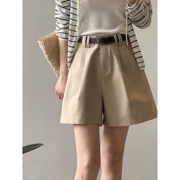 日韓休閑高腰闊腿短褲女夏季新款基礎別致純色舒適顯瘦西裝短褲