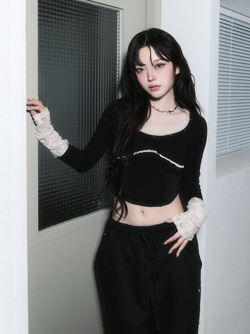 Corset Stud Long Sleeve T-Shirt [Black]