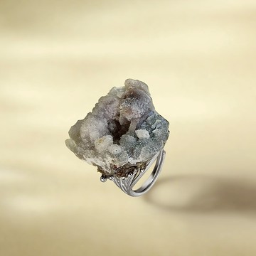 紫灰色瑪瑙活口戒指 隨形原石標本 異象晶洞星光手工指環 S925銀