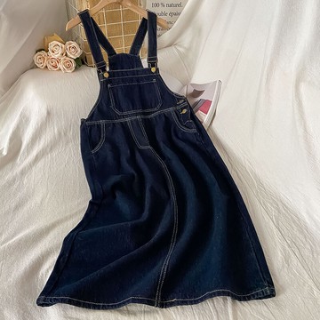 秋季年新款深藍色牛仔背帶裙女chic港風高腰顯瘦連衣裙長裙子