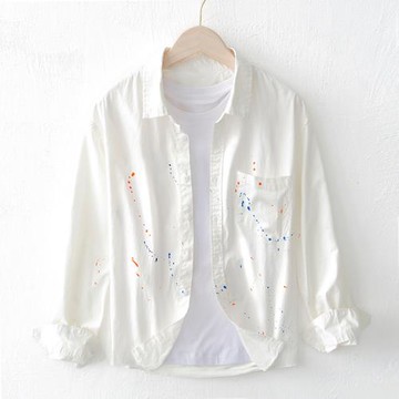 春秋新潮日系休閑襯衫男士長袖純棉時尚手工潑墨個性原創襯衣外搭