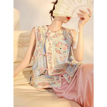 女裝刺繡坎肩馬甲重工新中式復古疊穿背心上衣斜襟格格國風百搭