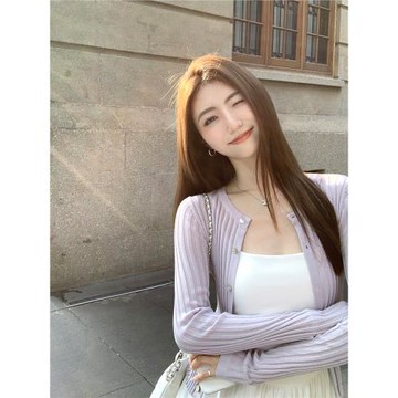 MULVAN 白色長袖針織開衫女薄款百搭修身顯瘦防曬衫外搭短款上衣